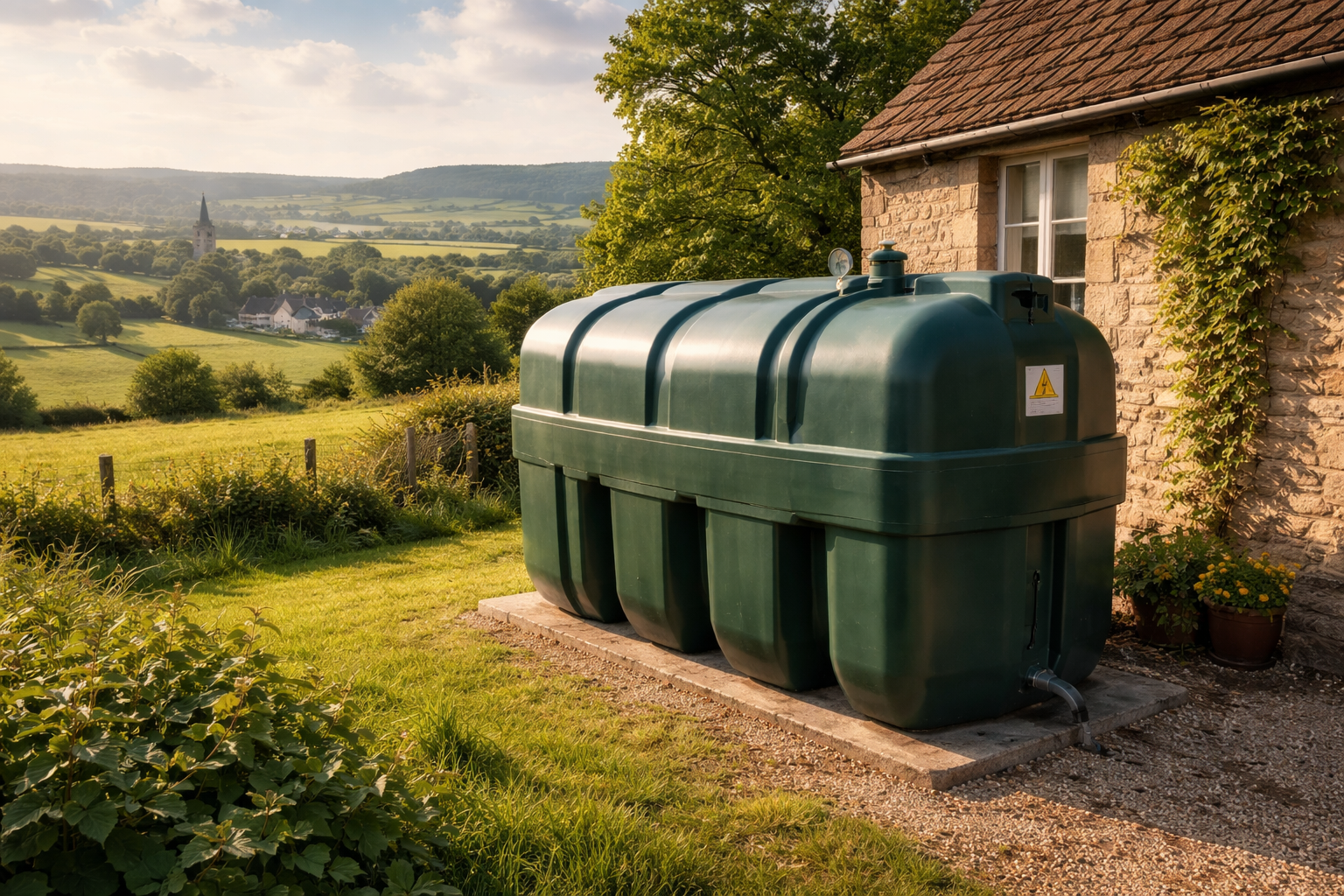 Heating oil tank outside rural UK home explaining why heating oil prices are rising in March 2026.
